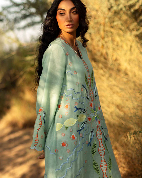 Dora Kaftan - Light Green Flowing Long Dress with Fish and Floral Embroidery