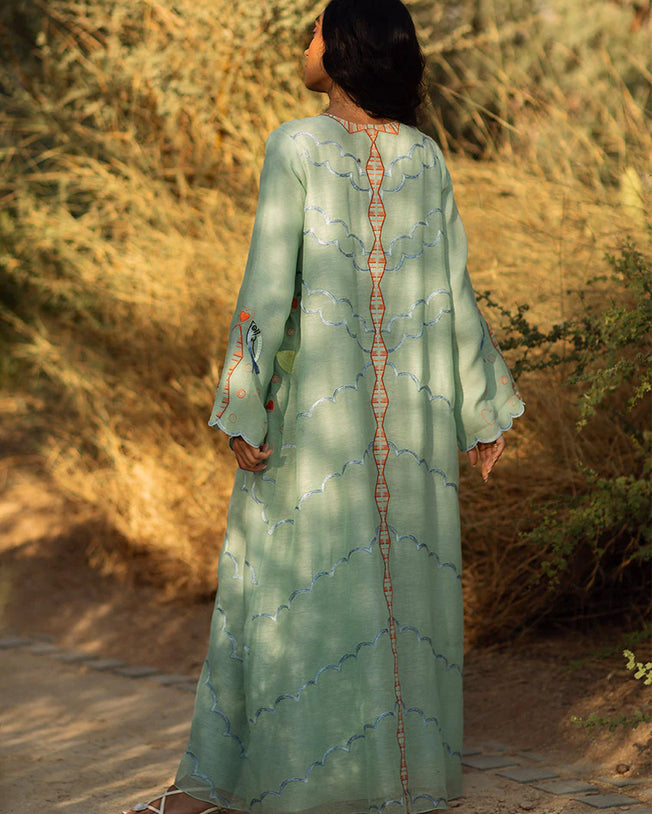 Dora Kaftan - Light Green Flowing Long Dress with Fish and Floral Embroidery