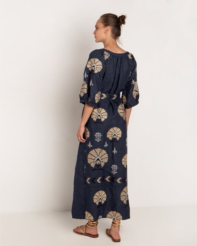 Peacocks Embroidered Maxi With With Self Belt