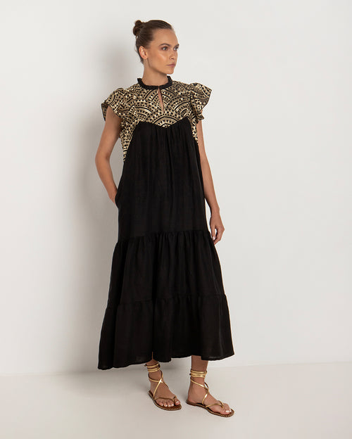 Ruffle Short Sleeve Embroidered Maxi Dress