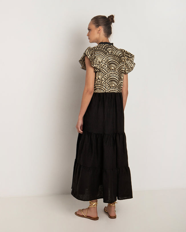 Ruffle Short Sleeve Embroidered Maxi Dress
