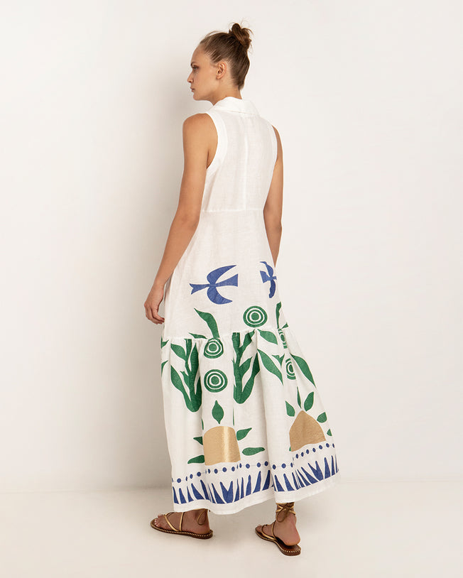 Bird of The Sun Embroidered Linen Maxi Dress
