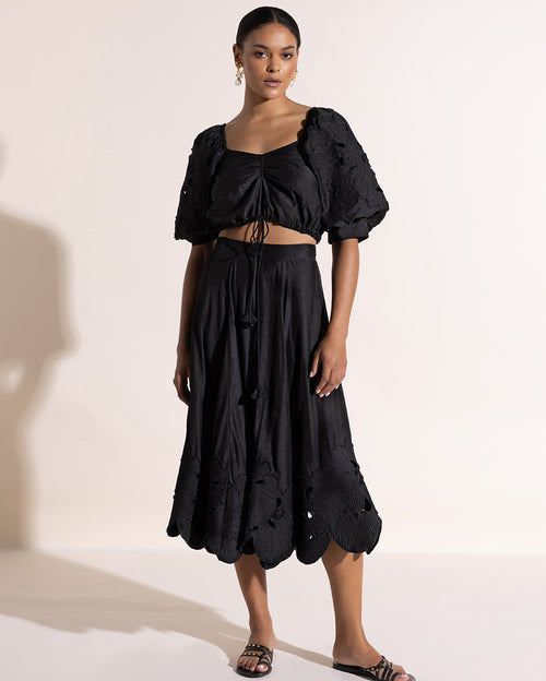 Emannus Cut-Out Embroidered Crop Top & Midi Skirt Set Onyx Black