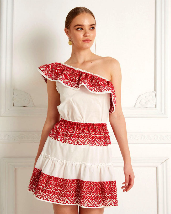 Julia white one-shoulder top with skirt set red embroidery