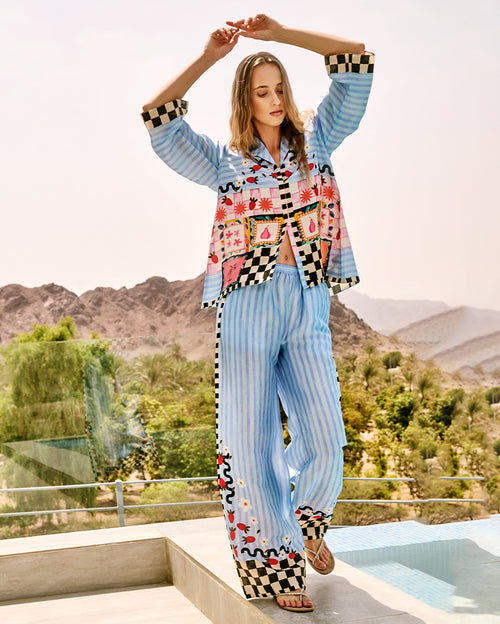 Eden Misty Blue Set with Fruits, Florals and Checkerboard Print