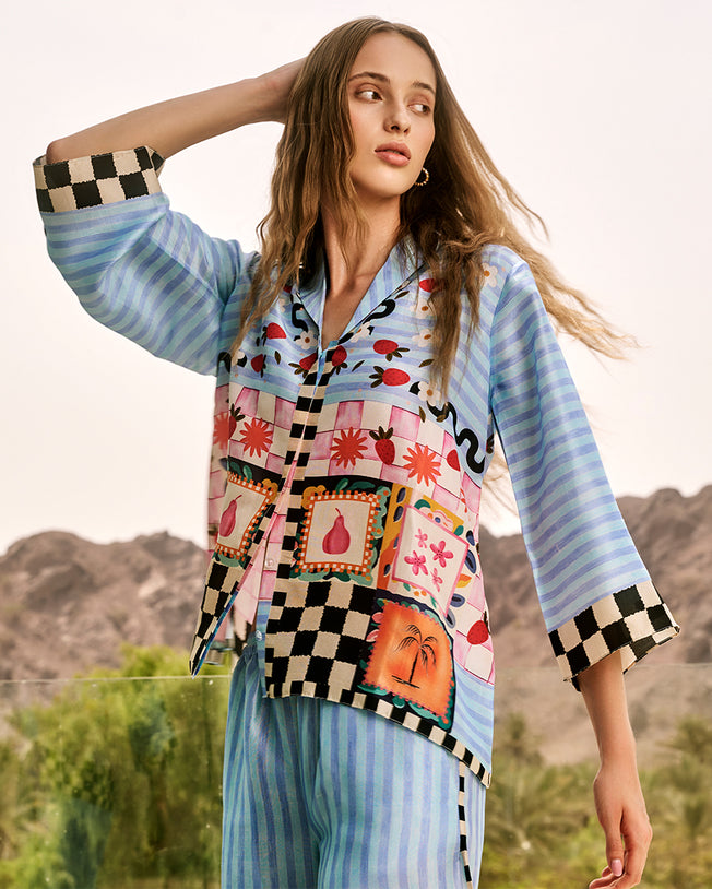 Eden Misty Blue Set with Fruits, Florals and Checkerboard Print