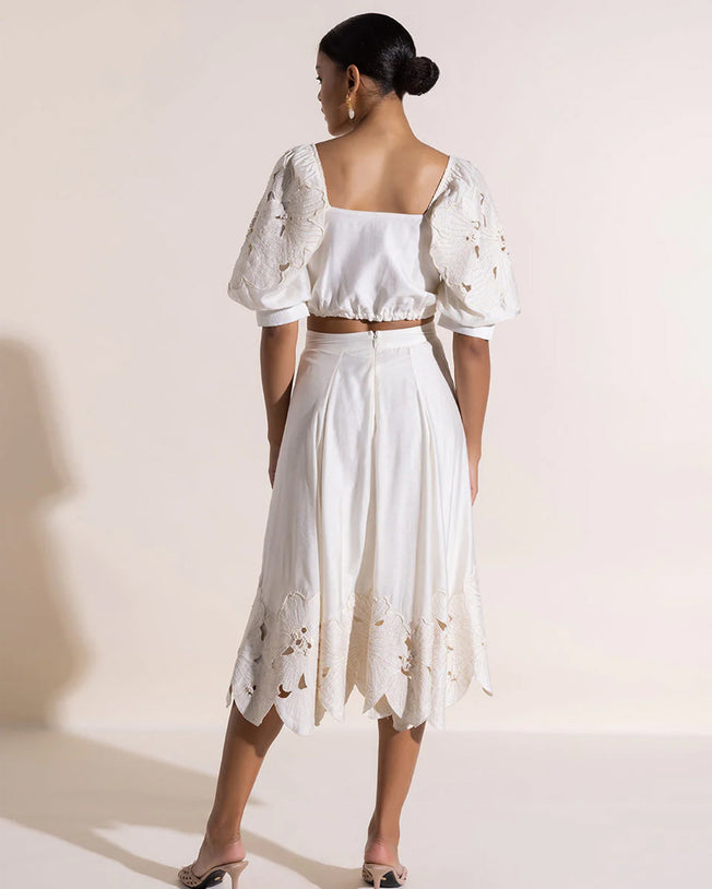 Emannus Cut-Out Embroidered Crop Top & Midi Skirt Set Vanilla