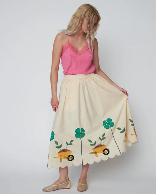 Embroidered Ivory Midi Skirt with Scallops