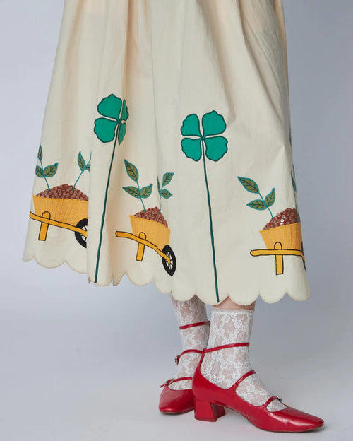 Embroidered Ivory Midi Skirt with Scallops