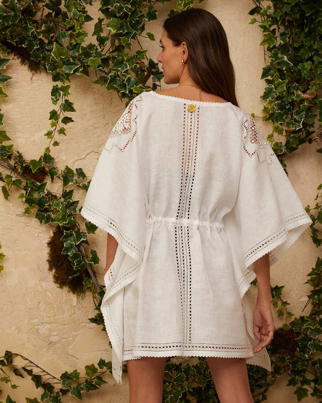 Embroidered Short Kaftan Linen Dress - Elegant White