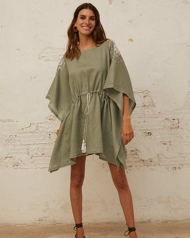 Embroidered Short Kaftan Linen Dress - Jungle Green