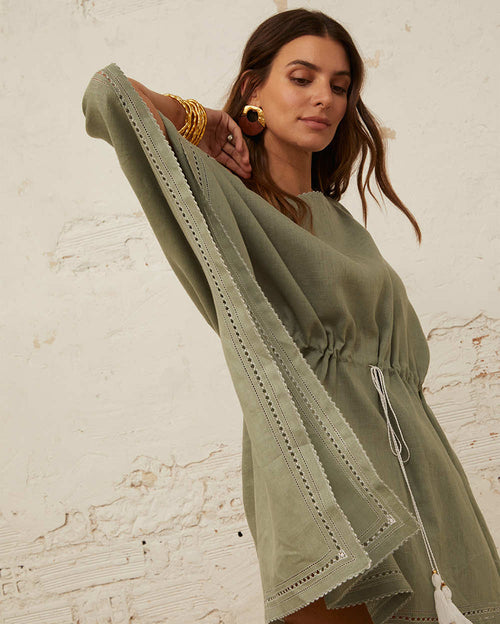 Embroidered Short Kaftan Linen Dress - Jungle Green