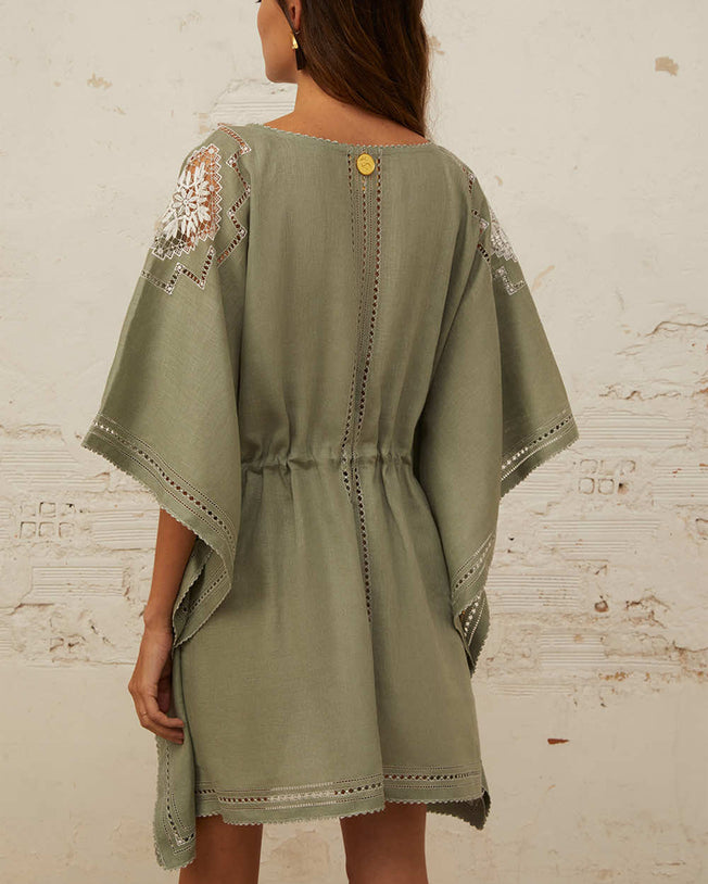 Embroidered Short Kaftan Linen Dress - Jungle Green