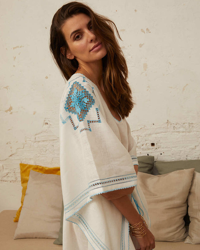 Emroidered Midi Kaftan Dress - Elegant White