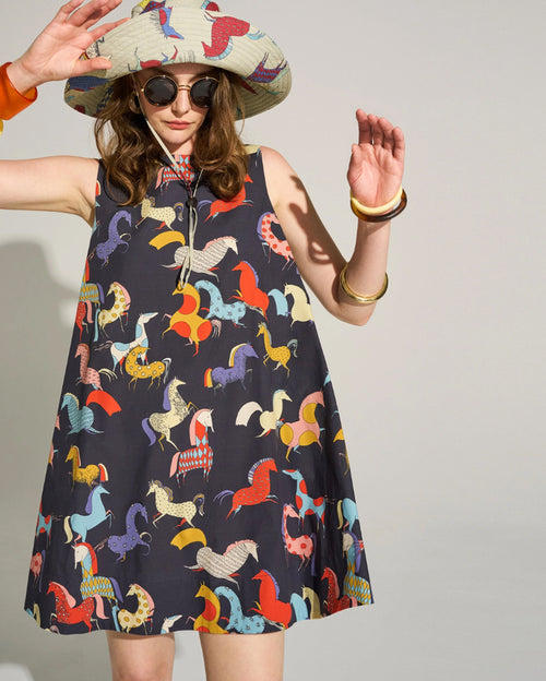 Equine Harmony A-Line Mini Cotton Dress with Metal Back Zipper