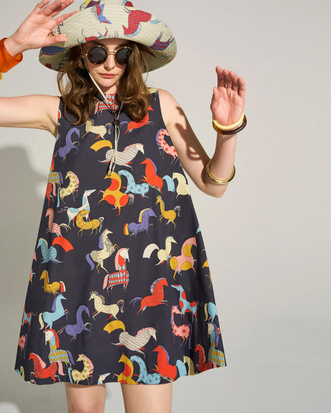 Equine Harmony A-Line Mini Cotton Dress with Metal Back Zipper