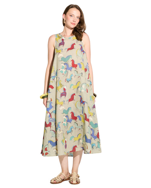 Equine Harmony Crewneck Easy Maxi Linen Dress