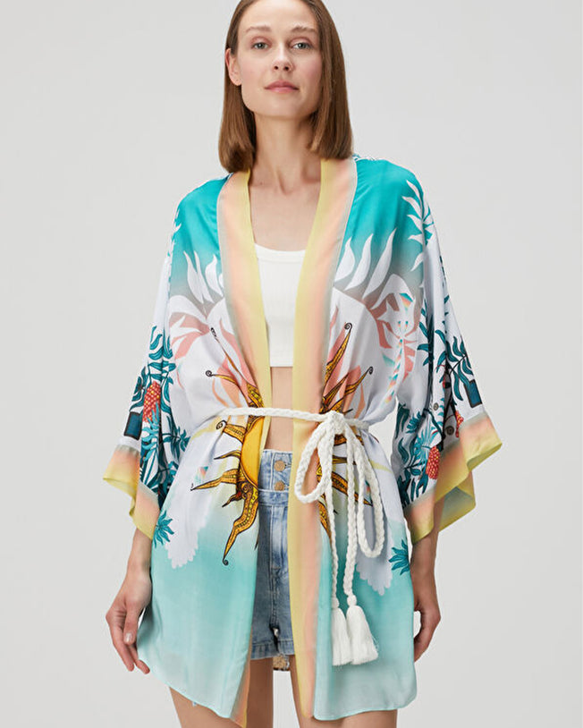 Eva Faye Multicolor Short Kimono with Belt
