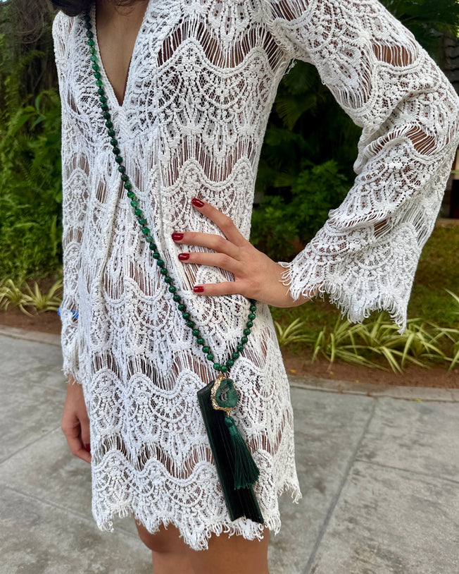 Fantasqiue Detachable Fans on Crystals with Green Stones Chain Necklaces