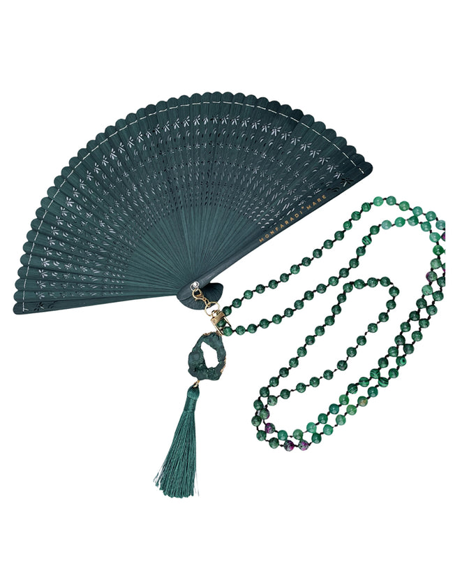 Fantasqiue Detachable Fans on Crystals with Green Stones Chain Necklaces