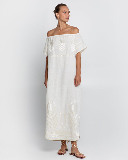 Feather Linen Natural Strapless Long Dress with Champagne Embroidery