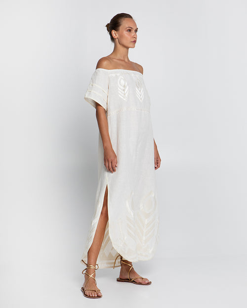 Feather Linen Natural Strapless Long Dress with Champagne Embroidery