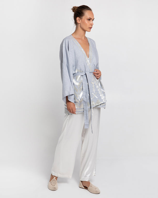 Feather Short Kimono with Belt and Elastic Waist Side Slit Pants Set Light Grey Champagne