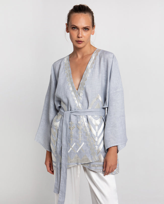 Feather Short Kimono with Belt and Elastic Waist Side Slit Pants Set Light Grey Champagne