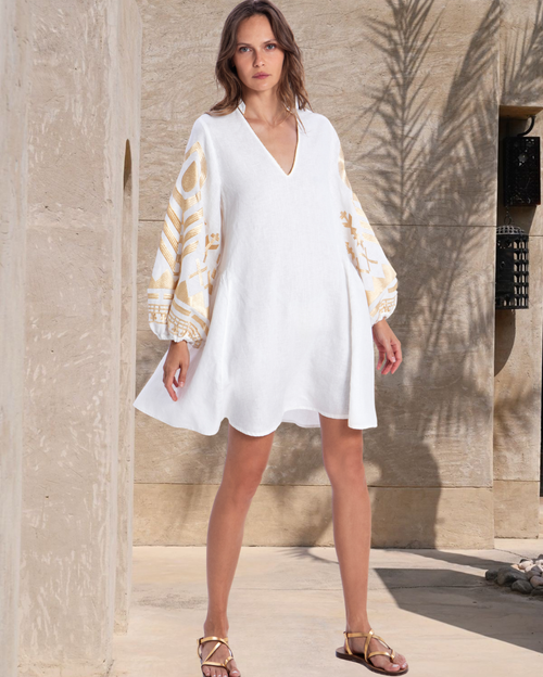 Feather V-Neck Long-Sleeves Linen Embroidered Mini Dress - Natural Gold