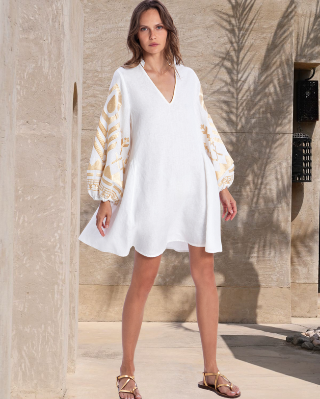 Feather V-Neck Long-Sleeves Linen Embroidered Mini Dress - Natural Gold