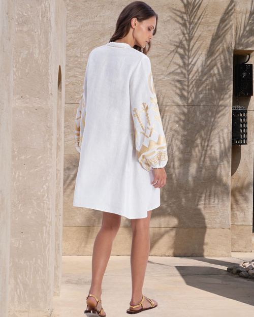 Feather V-Neck Long-Sleeves Linen Embroidered Mini Dress - Natural Gold