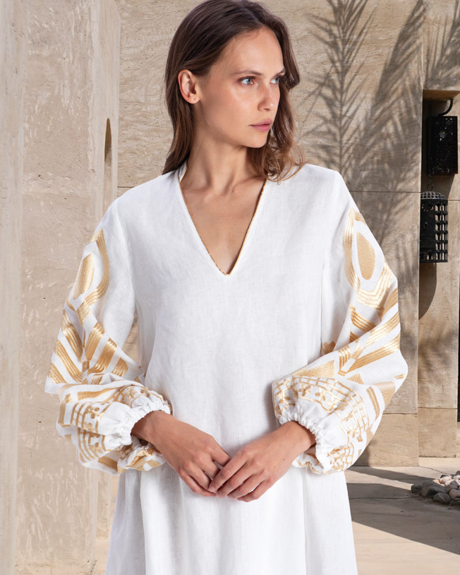 Feather V-Neck Long-Sleeves Linen Embroidered Mini Dress - Natural Gold