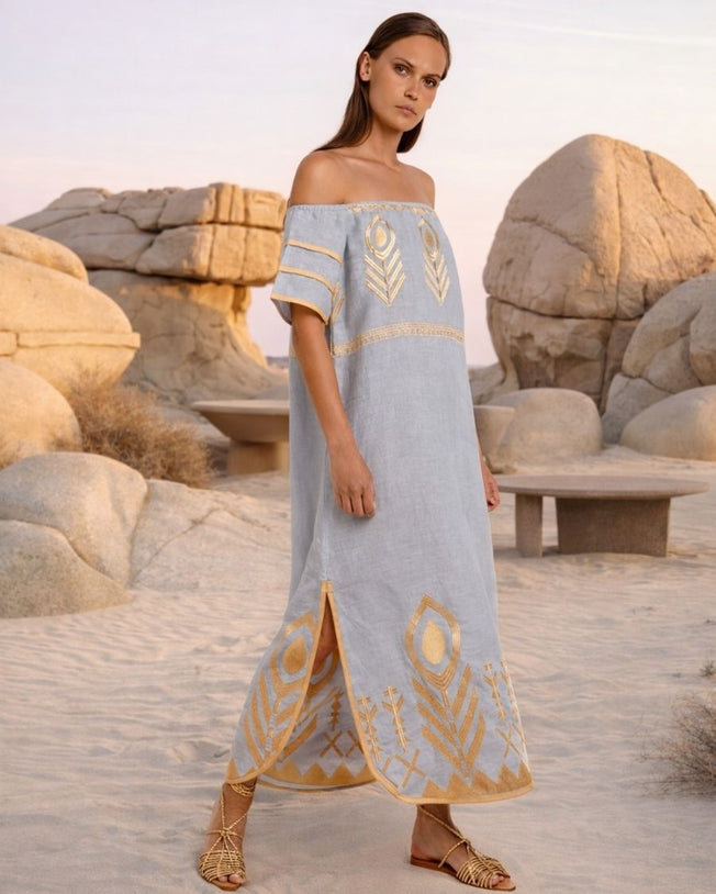 Feather Strapless Linen Embroidered Maxi Dress - Ciel Champagne