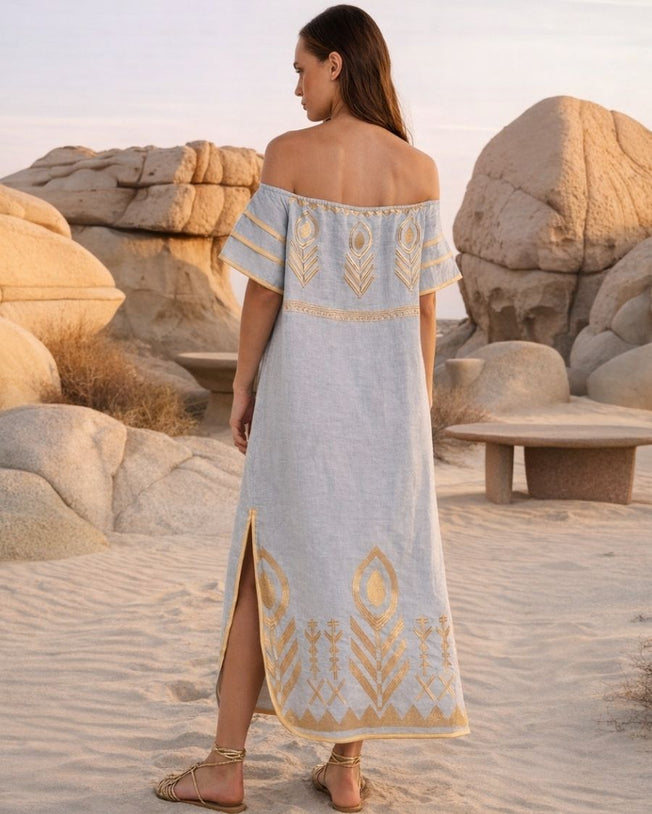 Feather Strapless Linen Embroidered Maxi Dress - Ciel Champagne