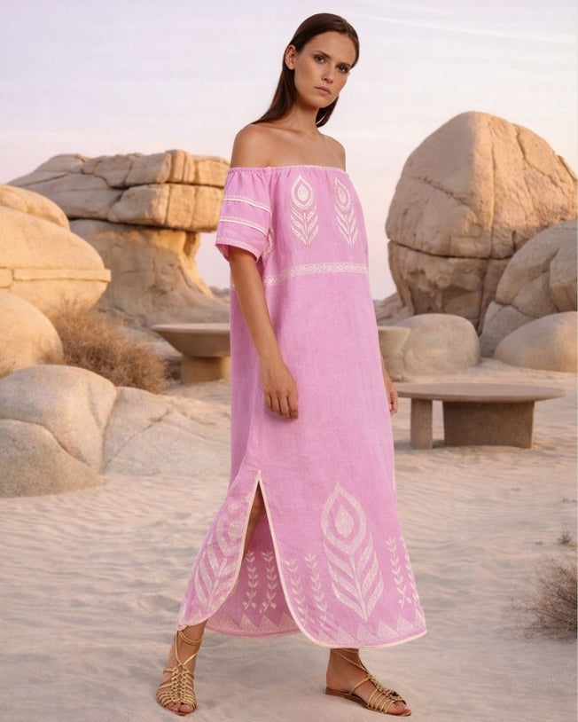Feather Strapless Linen Embroidered Maxi Dress - Pink Champagne