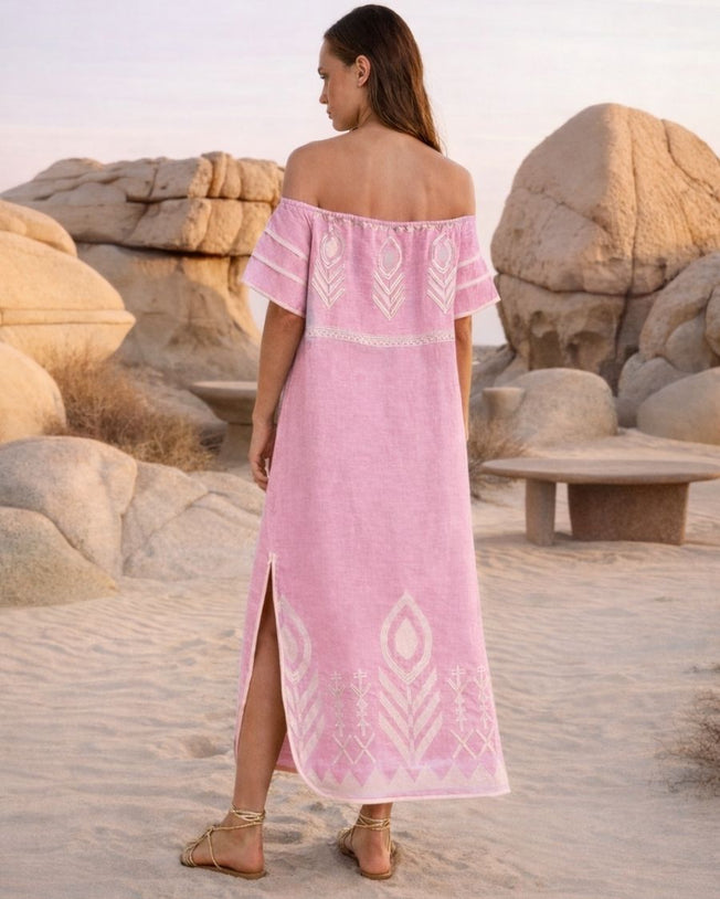 Feather Strapless Linen Embroidered Maxi Dress - Pink Champagne