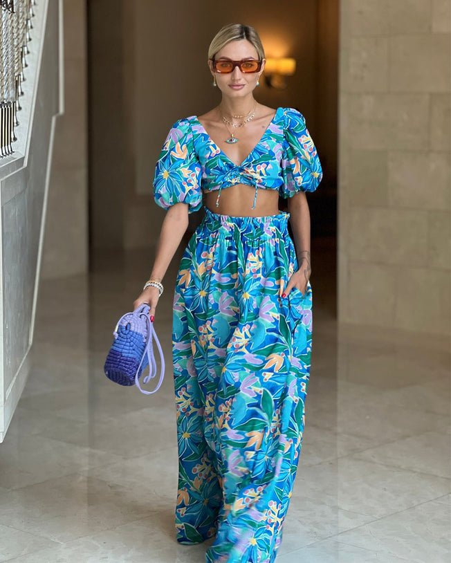 Floral Print Crop Top And Maxi Skirt Sets