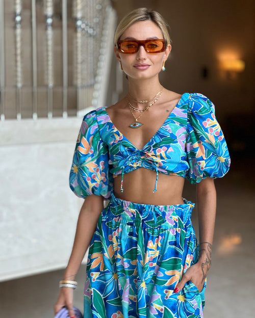 Floral Print Crop Top And Maxi Skirt Sets