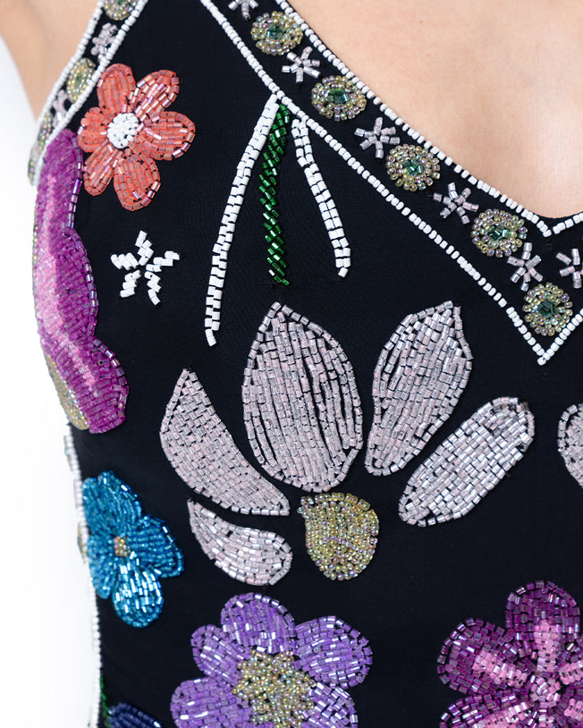 Flower Hand-Beaded Embellished One-Piece Swimsuit - Black