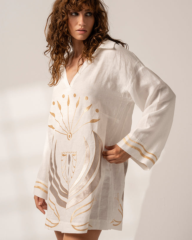 Off-White + Gold Embroidery Full Sleeve Shirt Dress