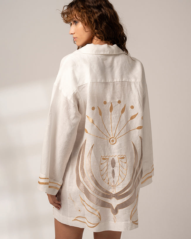 Off-White + Gold Embroidery Full Sleeve Shirt Dress