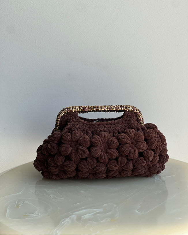 Hand-Crocheted Recta Floral Velutto Bag in Full Brown