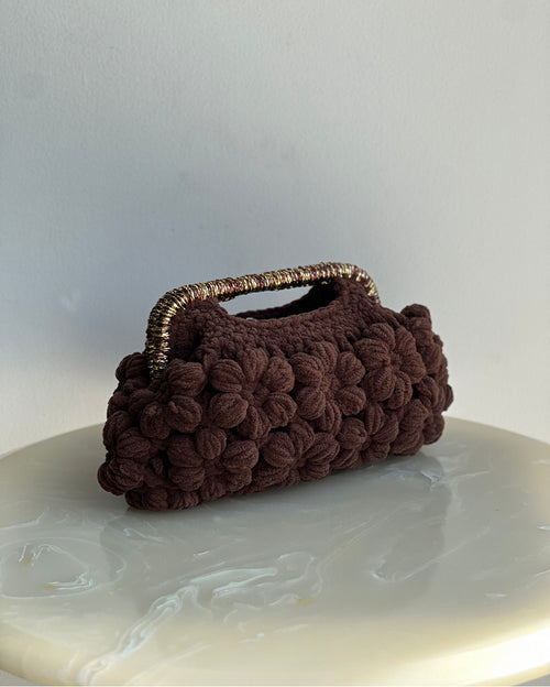 Hand-Crocheted Recta Floral Velutto Bag in Full Brown