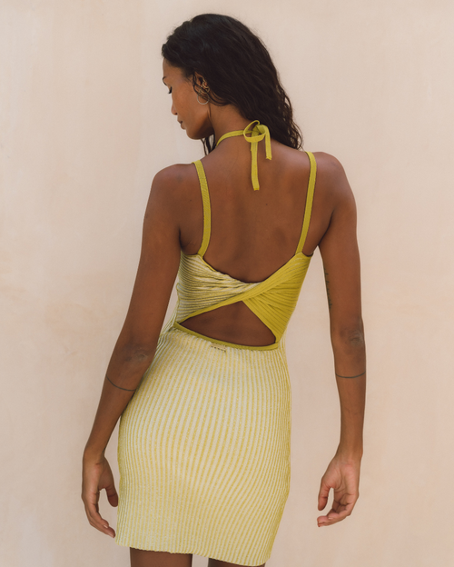 Gadis Mixed Yarn Cross Over Back Mini Knit Dress - Lime