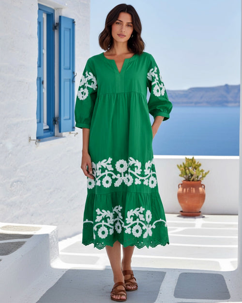 Gardenia Green Daisy Applique Frill Dress with Cuffed Sleeves