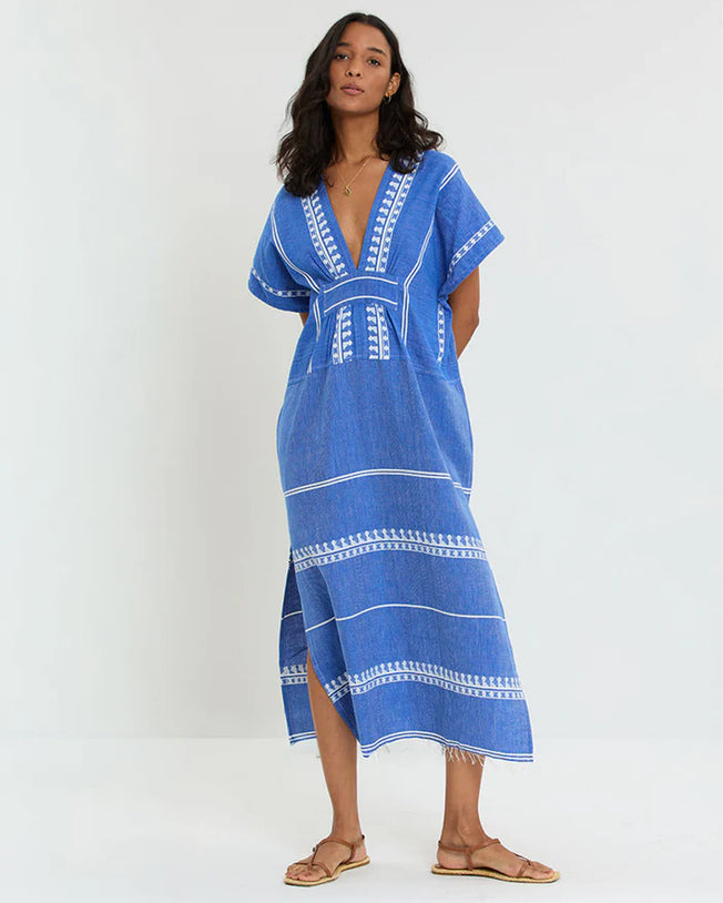 Gasira V-Neck Long Kaftan Dress in Tebibi Blue