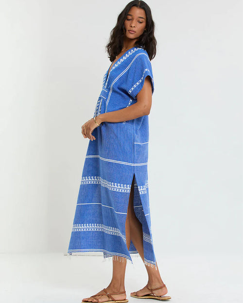 Gasira V-Neck Long Kaftan Dress in Tebibi Blue