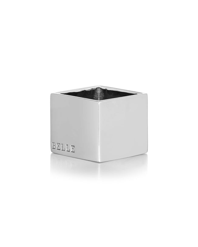 Geometric White Rhodium Plated Sterling Silver Cube Ring