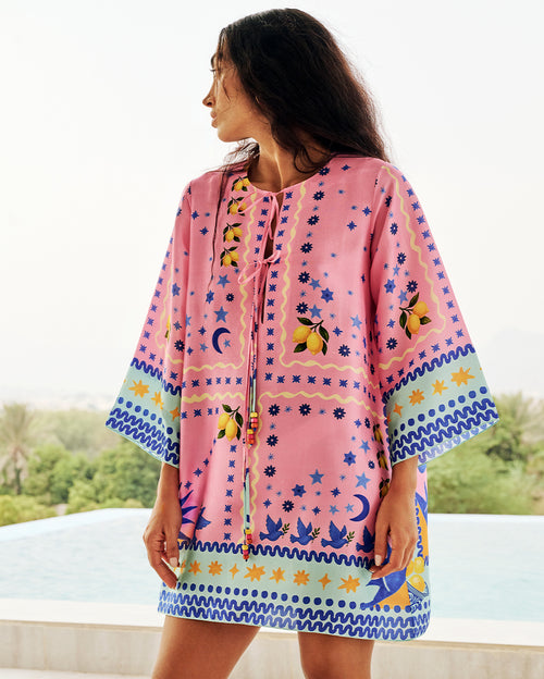 Gia Mini Dress Citrus Print with Stars and Birds in Pink