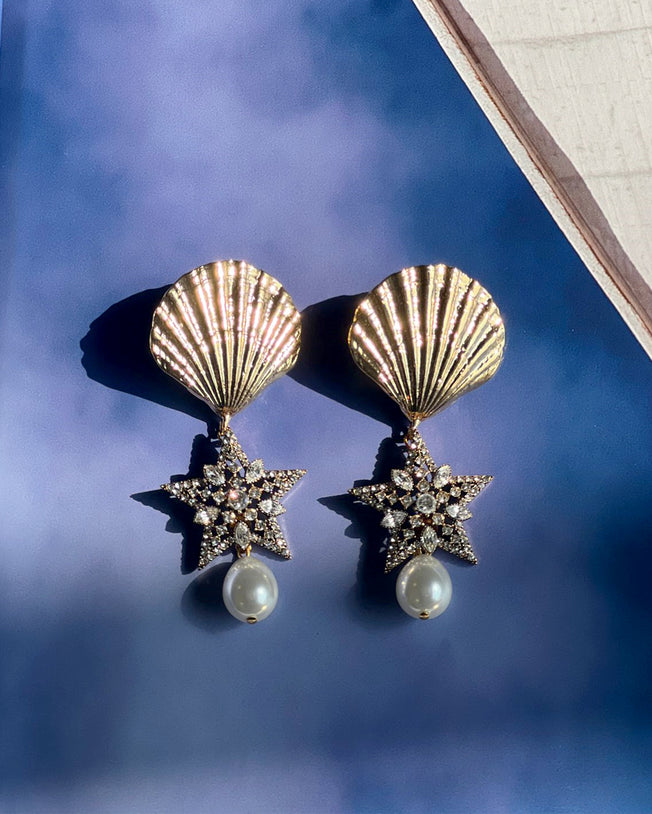 Gold Plated Shell Earrings With Zircon Stone Encrusted Star And Pearl Drops
